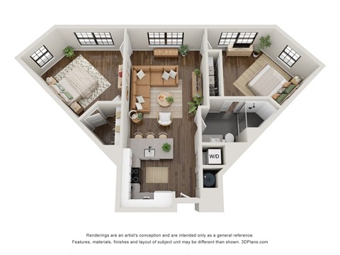 A 3D floor plan of a house with a living room, dining room, kitchen, and two bedrooms.
